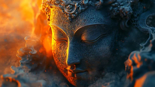 Embossed deity visage carved in firelit oxidized stone.