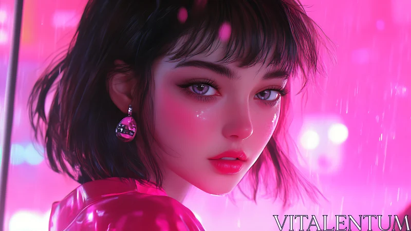 Neon-lit portrait emphasizes glossy shaders and cinematic bokeh rendering