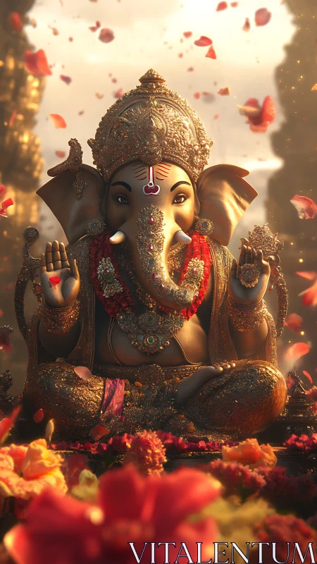 Ganesha idol glows in golden light with falling petals.