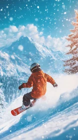 Snowboarder carves powder on sunlit alpine mountainside.