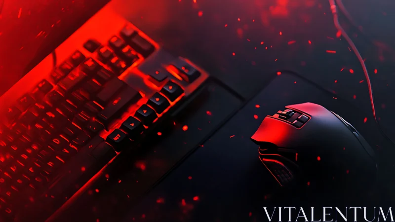 Cyberpunk gaming peripherals in dramatic red low-key lighting.
