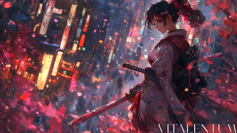 Female swordsman stands in illuminated urban street at night