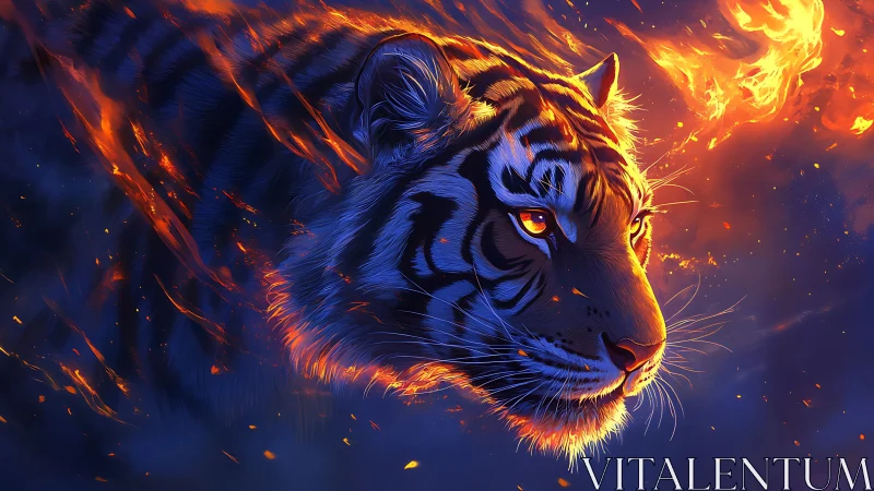 Fiery blue tiger portrait against blazing cosmic night.