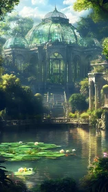 Glasshouse of quiet miracles above a lily-dim pond.