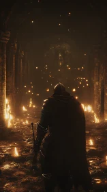 Armored knight advances through volumetric lit subterranean corridor