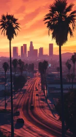 Sunset arterial road toward palm-framed highrise skyline