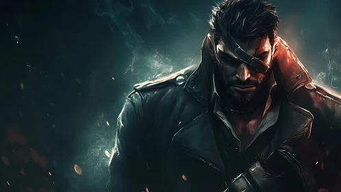 Digital painting of brooding cyber-noir mercenary portrait.