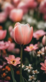 Coral Pink Tulip in Full Bloom. Spring Flower Portrait.