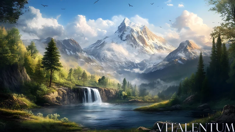 Snowcapped peak dominates serene waterfall forest valley