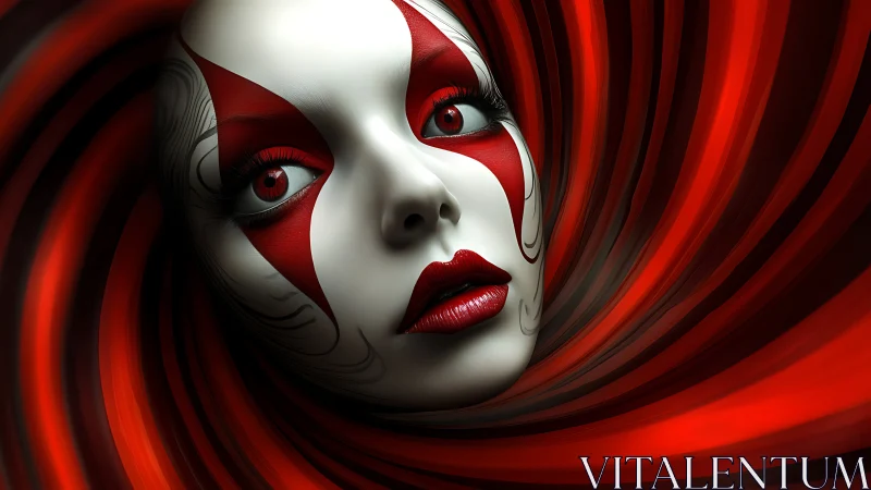 Crimson vortex muse with porcelain mask and burning gaze.