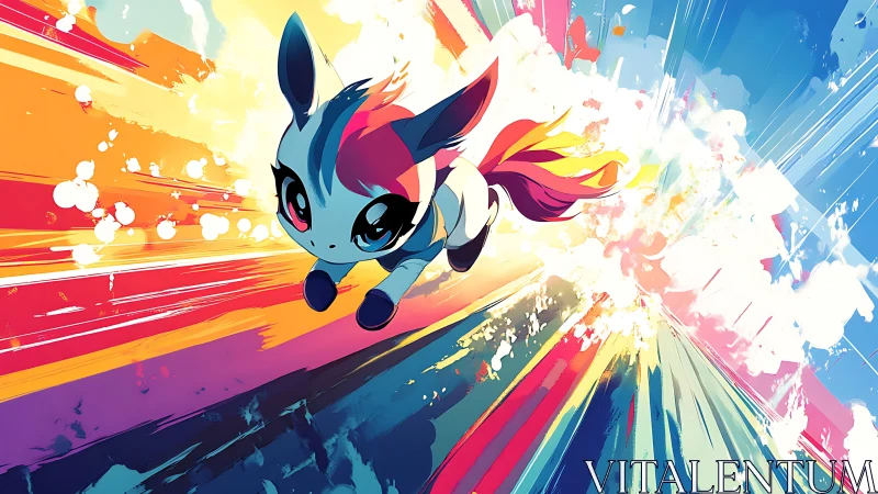 Chromatic pony mascot racing through kinetic color fields.