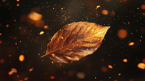 Macro autumn leaf in warm bokeh suspension, photorealistic detail.