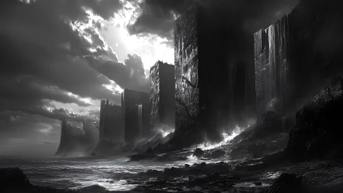 Vertical rock formations rise along a monochrome coastal shore