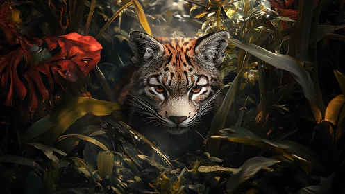 Curious jungle wildcat gazing through lush shadowed leaves.