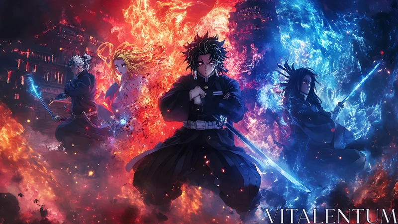 Anime swordsmen framed by fire and water energy burst.