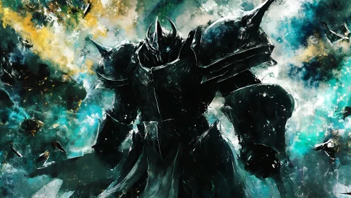Dark armored warlord amid turbulent teal nebula storm.