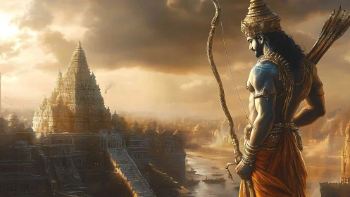 Warrior archer overlooks grand riverside temple city.