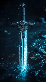 Glowing enchanted sword resting in a quiet, moonlit pool.