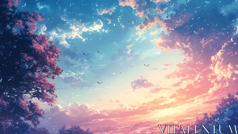 Twilight sky panorama with birds over pastel cloud strata.