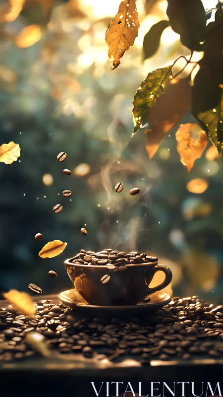 Golden morning coffee fantasy under glowing autumn leaves.