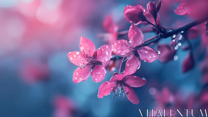 Pink Blossoms Glistening with Dewdrops in Dreamlike Blue-Hued Light