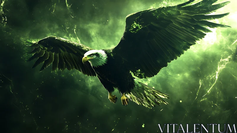 Majestic Bald Eagle in Flight, Digital Fantasy Art with Green Aura.