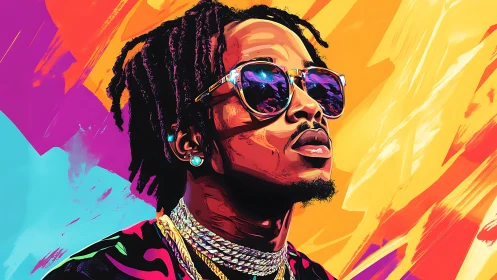 Vibrant neon portrait of stylish rapper in reflective shades.