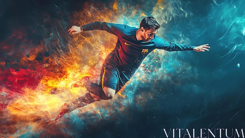 Explosive soccer dive amid swirling fire and ice energy fields.