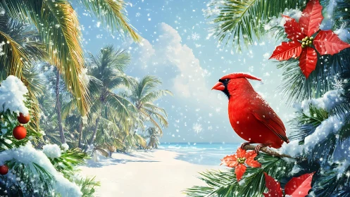 Red cardinal perches amid snowy tropical beach foliage