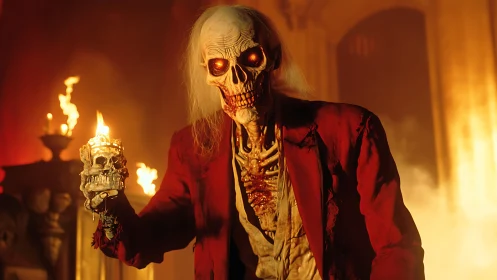 Flaming-eyed skeleton in red coat inside burning hall.