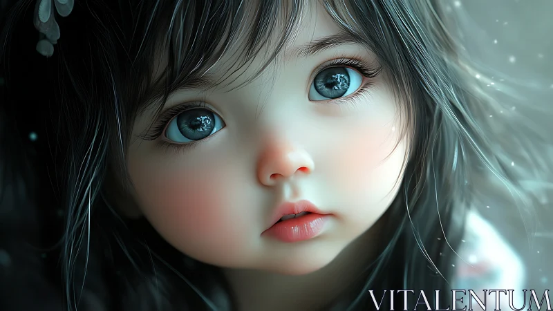 Digital portrait shows wide-eyed child in soft teal light