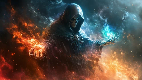 Mystic reaper calmly cradling blazing fire and cool frost.