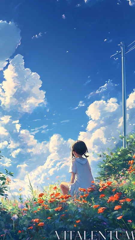 Quiet skyward daydream among wildflowers and summer clouds.