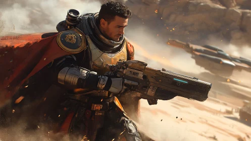 Armored space soldier advances through desert combat zone