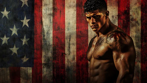 Strong bare-chested fighter stands boldly before worn flag