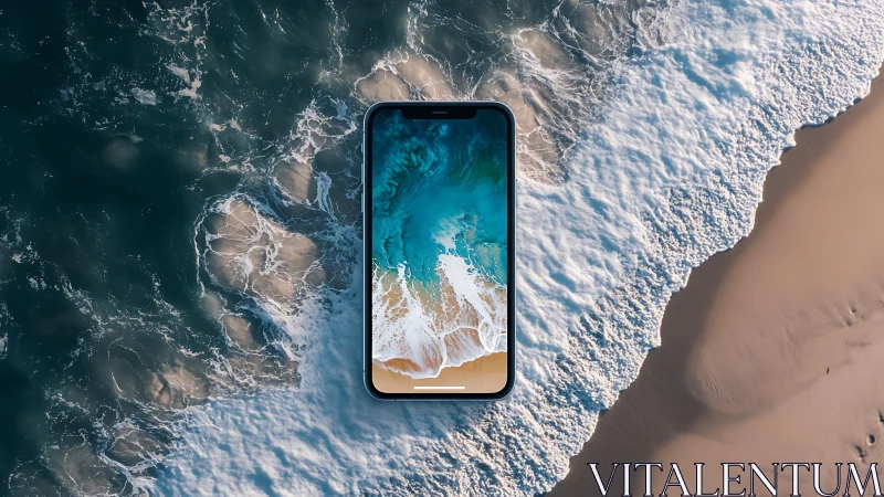 Ocean waves blend with a smartphone in a dreamy vision.