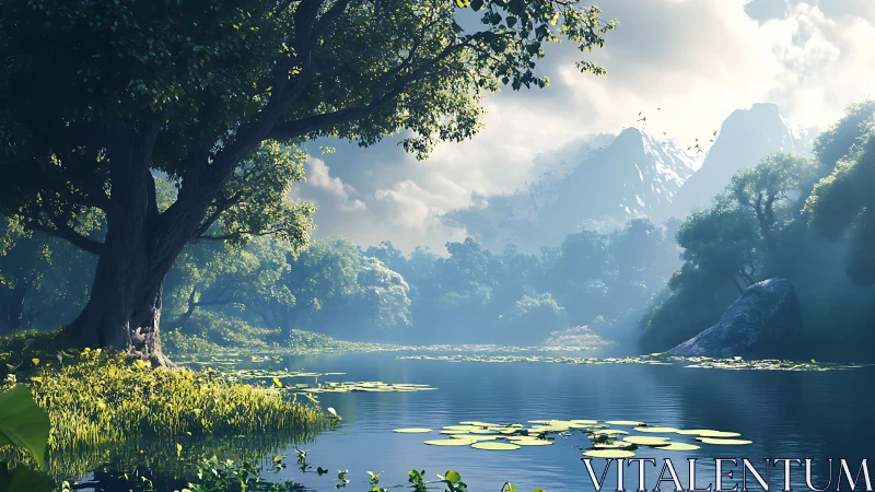 Tree-lined lake with mountains under diffused daylight.