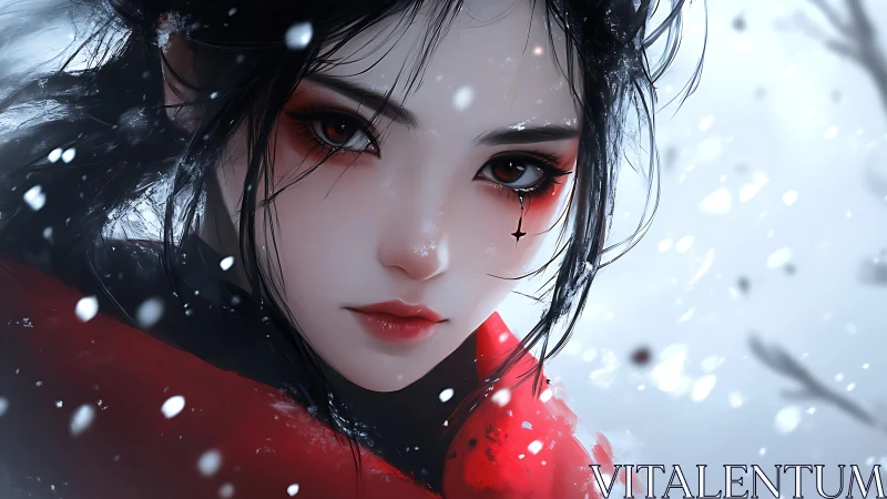 Winter gaze of the scarlet wanderer in swirling snow.