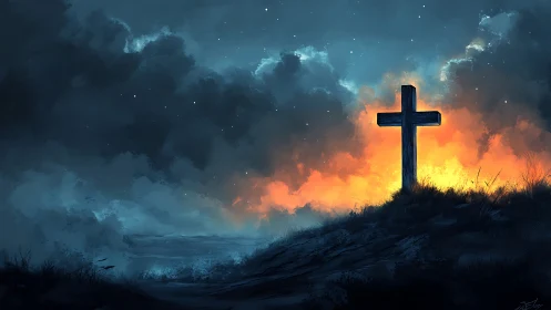 Lone hilltop cross drinking in a storm-bright resurrection sky.