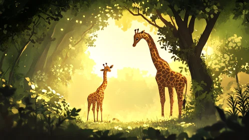 Sunlit giraffe pair stands in stylized forest clearing