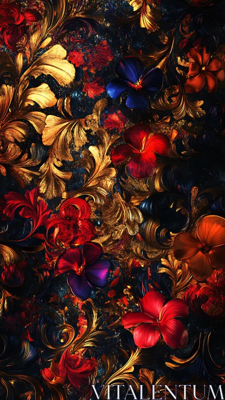 Baroque floral abstraction with metallic gold leaves and saturated blooms