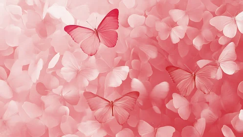 Monochrome pink butterflies glide across soft bokeh wings