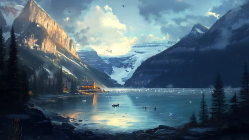 Mountain lake with cabins, glacier, and small boats at dusk.