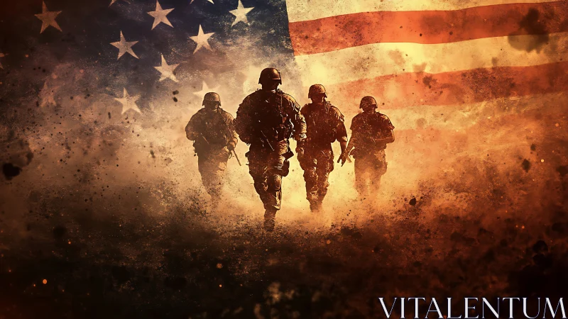 War-torn silhouettes charge beneath a blazing American flag.