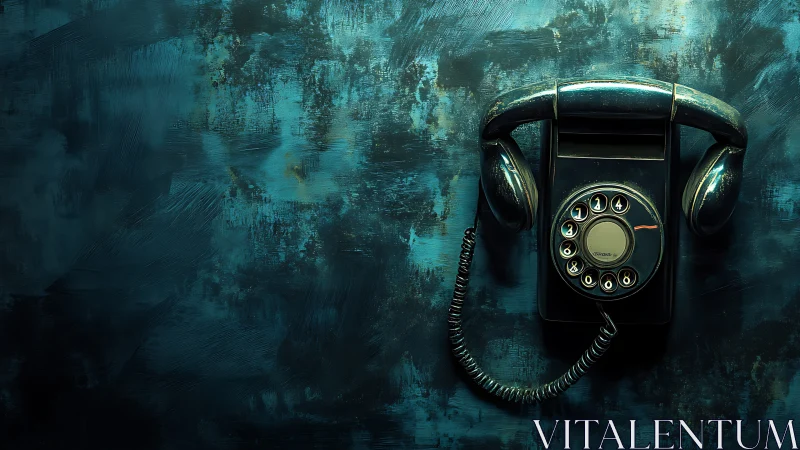 Vintage rotary phone glowing against a moody teal wall.