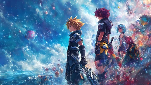 Four armored anime heroes stand in a cosmic nebula field