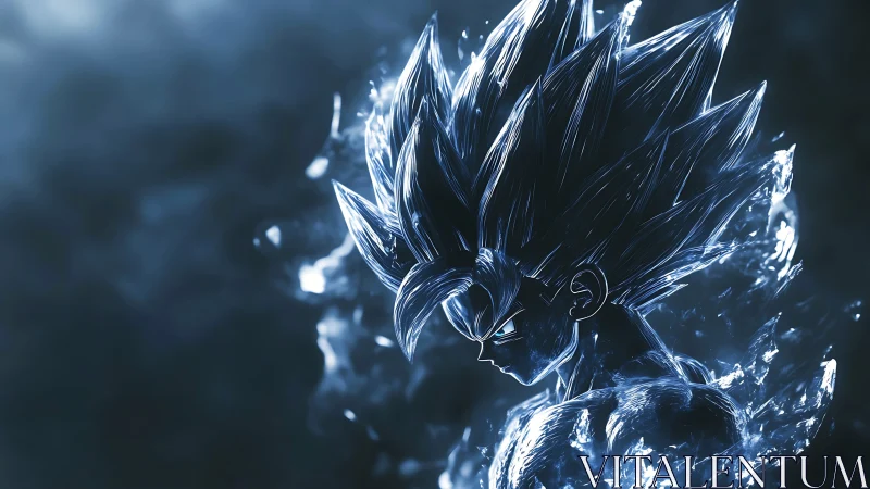 Electric blue warrior emerges from swirling cosmic energy.