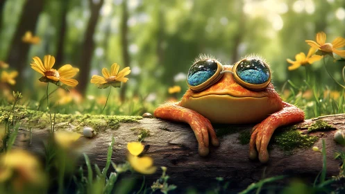 Whimsical orange frog with glossy eyes on mossy log.