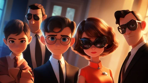 Stylish animated spy team posed in dramatic warm light.