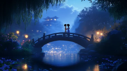 Moonlit fireflies applaud two lovers on a curved garden bridge